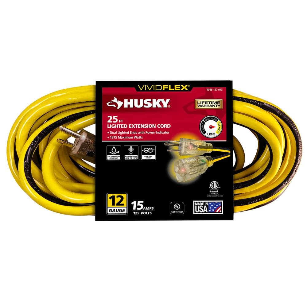 Husky VividFlex 25 ft. 12/3 Heavy Duty Indoor/Outdoor Extension Cord with  Lighted End, Yellow 24025HY The Home Depot