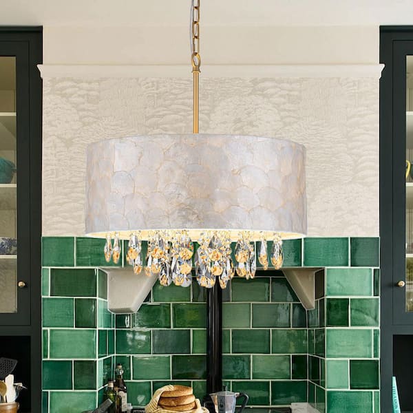 Sheke 4-Light 17.7 in.W Gold Capiz Shell and Crystal Drum Pendant Light for Dining Room and Living Room