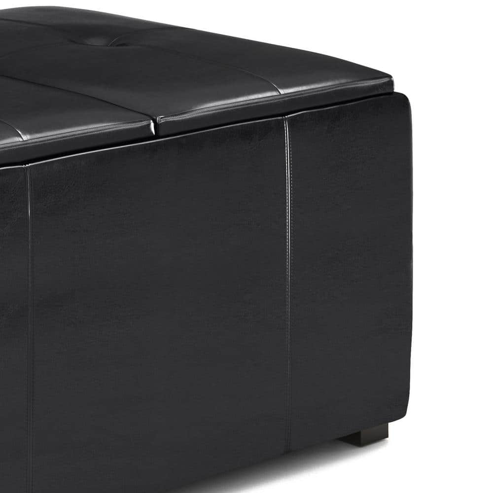 Midnight Black Tufted Faux Air Leather Cocktail Ottoman with Tray