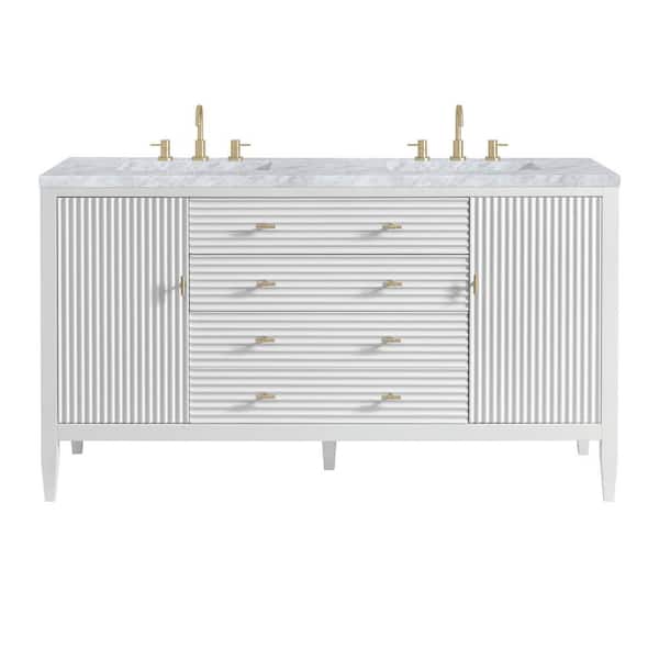James Martin Vanities Myrrin 60.0 in. W x 23.5 in. D x 34.06 in. H Bathroom Vanity in Bright White with Carrara White Marble Top