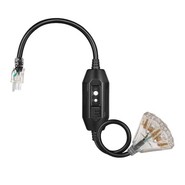 Heavy-Duty Manual 3 ft. 12/3 Gauge Indoor/Outdoor GFCI Extension Cord with LED Lighted Triple Tap, Black