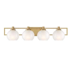 Cowen 31.25 in. 4-Light Brushed Gold Mid-Century Modern Vanity with Etched Glass Shades