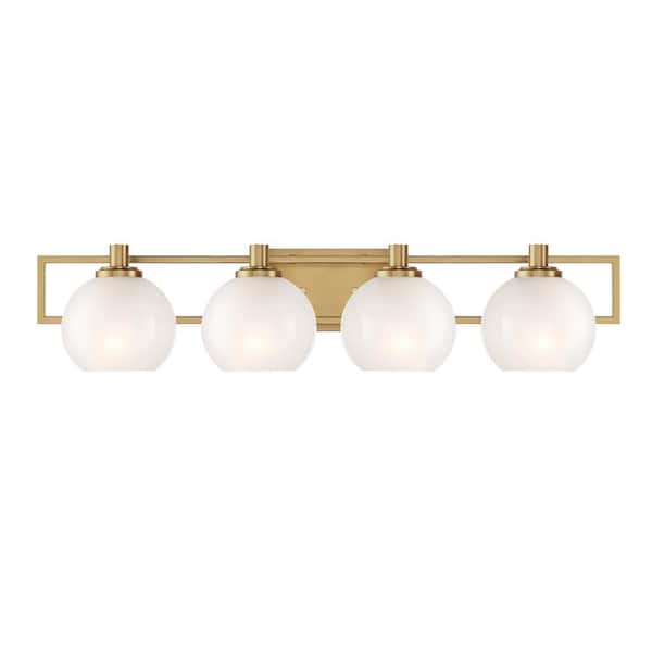 Designers Fountain Cowen 31.25 in. 4-Light Brushed Gold Mid-Century Modern Vanity with Etched Glass Shades