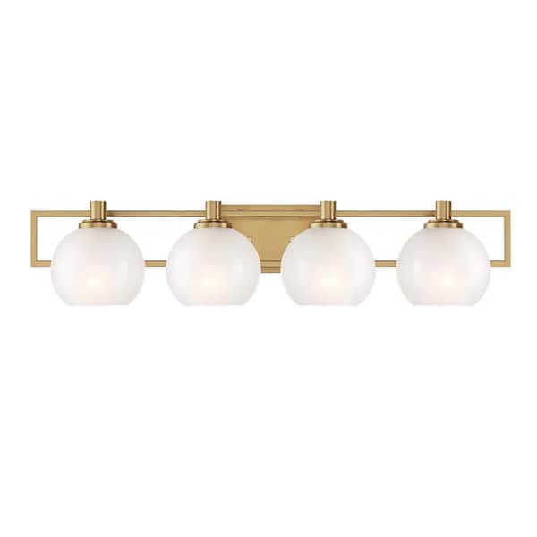 Cowen 31.25 in. 4-Light Brushed Gold Mid-century Vanity Light with Etched Glass Shades