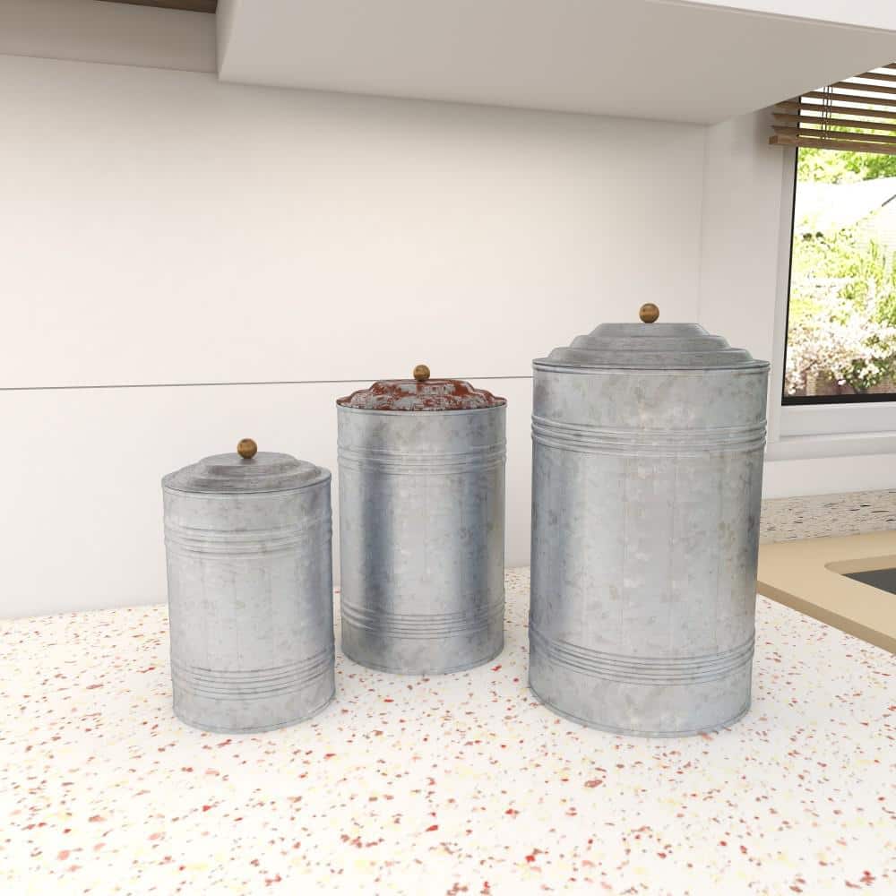 Gray Galvanized Metal Cylinder Canister Set with Lids