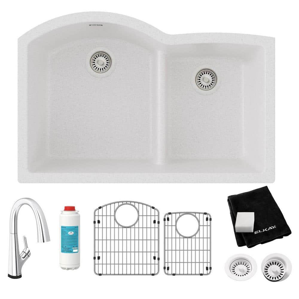 UPC 094902140971 product image for Classic White Quartz 33 in. 60/40 Double-Bowl Undermount Kitchen Sink with Filte | upcitemdb.com
