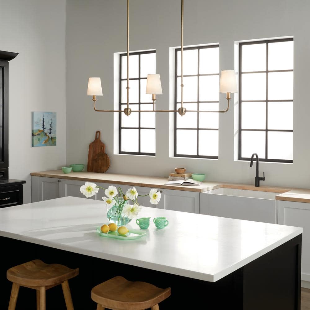 Brushed Natural Brass 3-Light Linear Chandelier with Fabric Shades