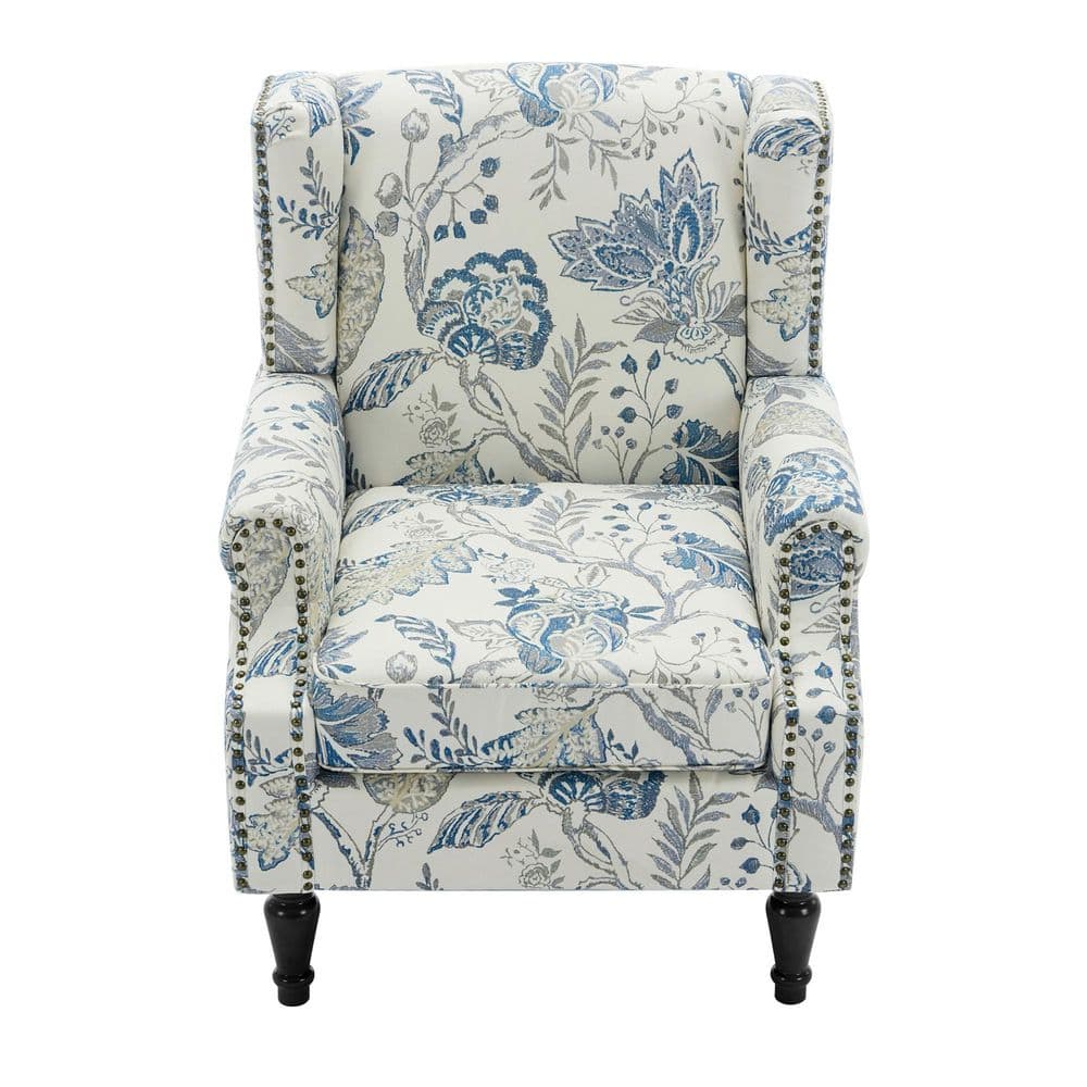 Uixe Retro Plants Blue Linen Nailhead Trim Upholstered High Back
