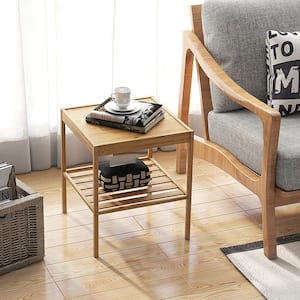 2 PCS 16 in. Bamboo Square 2-Tier Bedside End Table Bamboo Nightstand for Living Room Bedroom