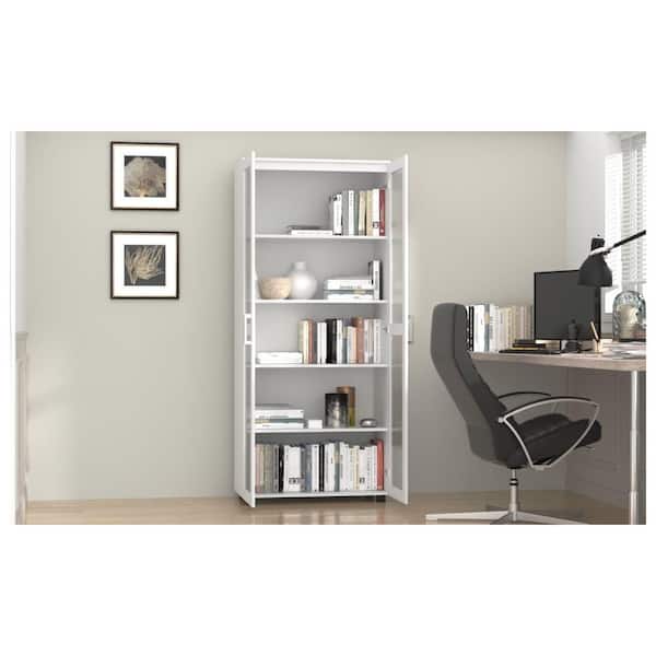 FUFU&GAGA 72 in. H x 31.5 in. W White Wood 5-Shelf Accent Bookcase  Bookshelf With 2-Door and Adjustable Shelves KF200050-01-cc - The Home Depot
