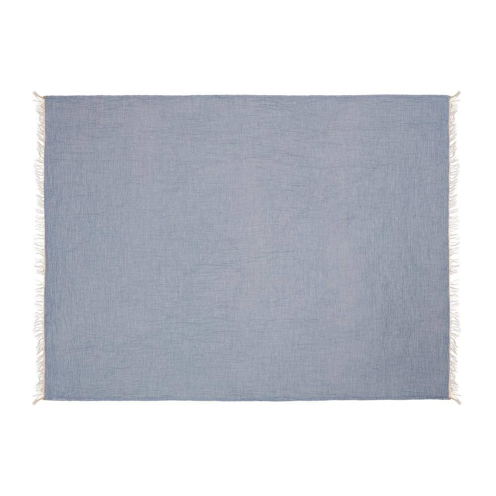 Sandy Farmhouse Blue Turkish Crinkled Cotton Throw Blanket with Fringe