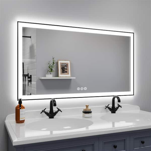 MYCASS 55 in. W x 30 in. H Large Rectangular Aluminum Framed Dimmable LED Anti-Fog Wall Bathroom Vanity Mirror in Matte Black