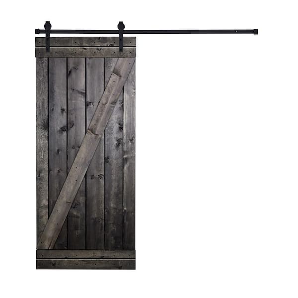 AIOPOP HOME Z-Bar Series 30 in. x 84 in. Charcoal Black Stained Knotty Pine Wood DIY Sliding Barn Door with Hardware Kit