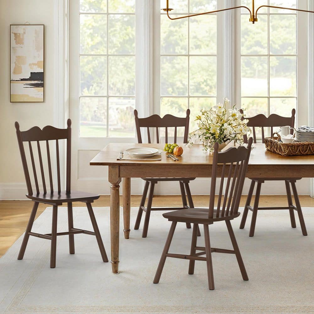 17 in. Walnut Classic Windsor Dining Farmhouse Chair Solid Wood Armless Kitchen Chairs with Wave Spindle Back Set of 4