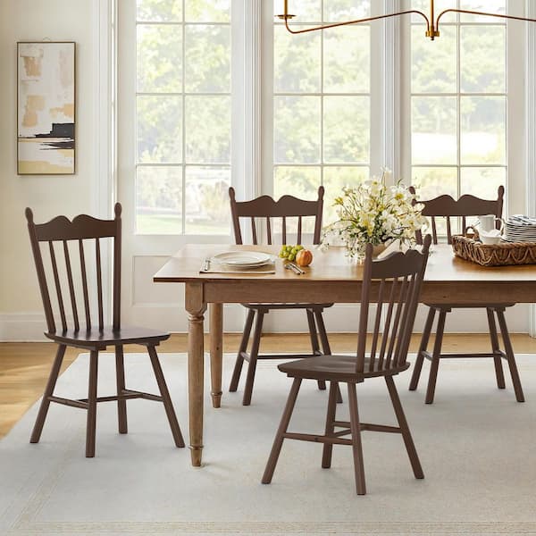 17 in. Walnut Classic Windsor Dining Farmhouse Chair Solid Wood Armless Kitchen Chairs with Wave Spindle Back Set of 4