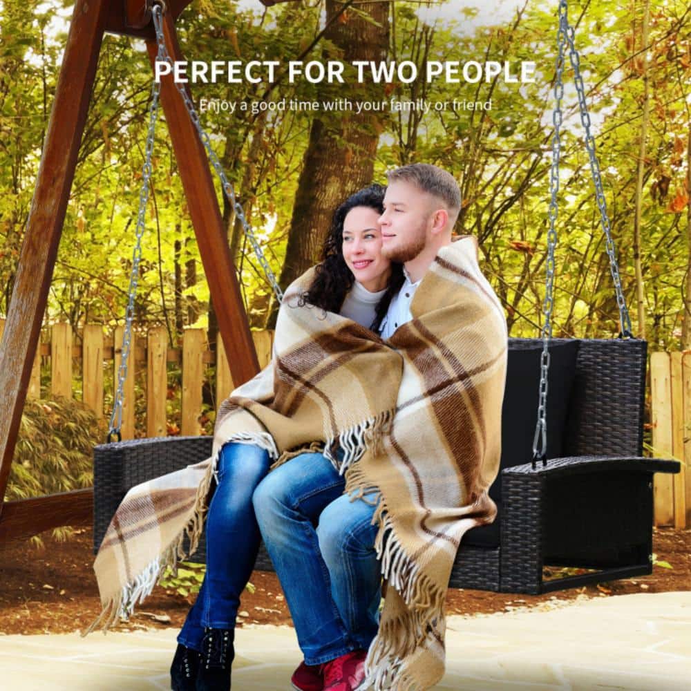 Black Wicker 2-Person Patio Swing with Cushions