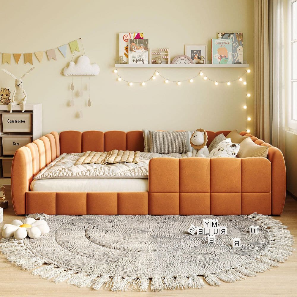 Pumpkin Orange Full Size Velvet Upholstered Kids Platform Bed, Safety Low-Profile Floor Bed