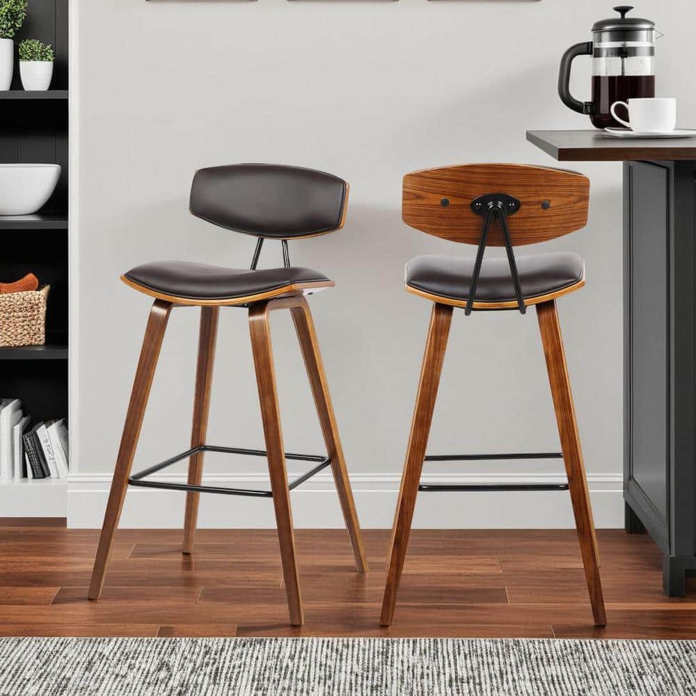 Fox 25.5 in. Mid-Century Counter Height Bar Stool in Brown Faux Leather wit