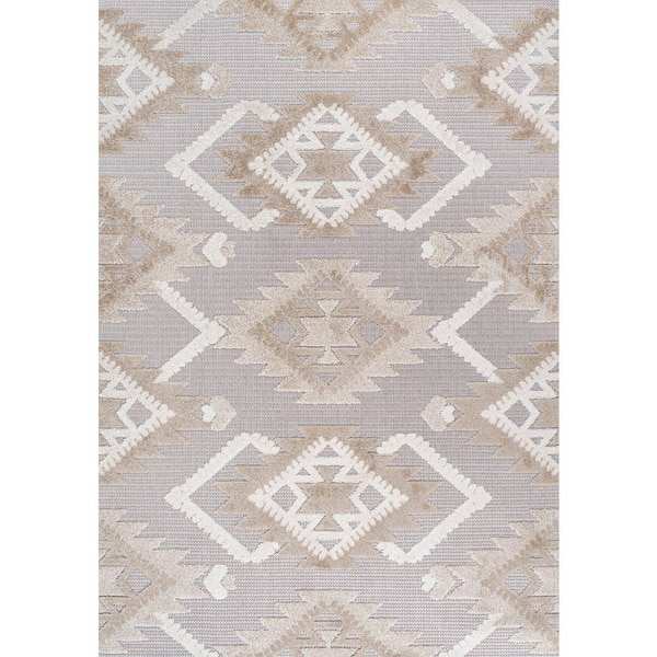 Sumak High-Low Pile Neutral Diamond Kilim Beige/Gray 4 ft. x 6 ft. Indoor/Outdoor Area Rug