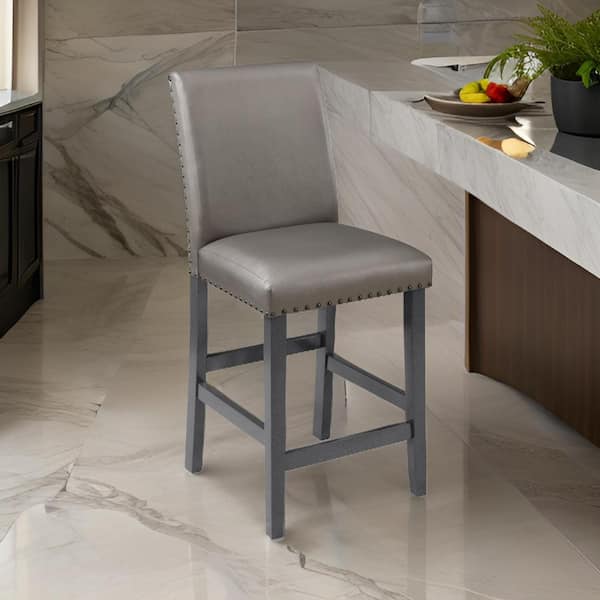 Benjara 26 in. Gray High Back Wood Frame Bar Stool with Faux Leather Seat (Set of 2)