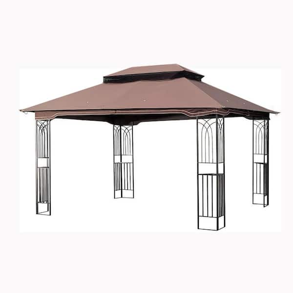 grossag 13 ft. x 10 ft. Outdoor Brown Metal Frame Patio Gazebo Canopy Shelter with Double Canopy and Netting