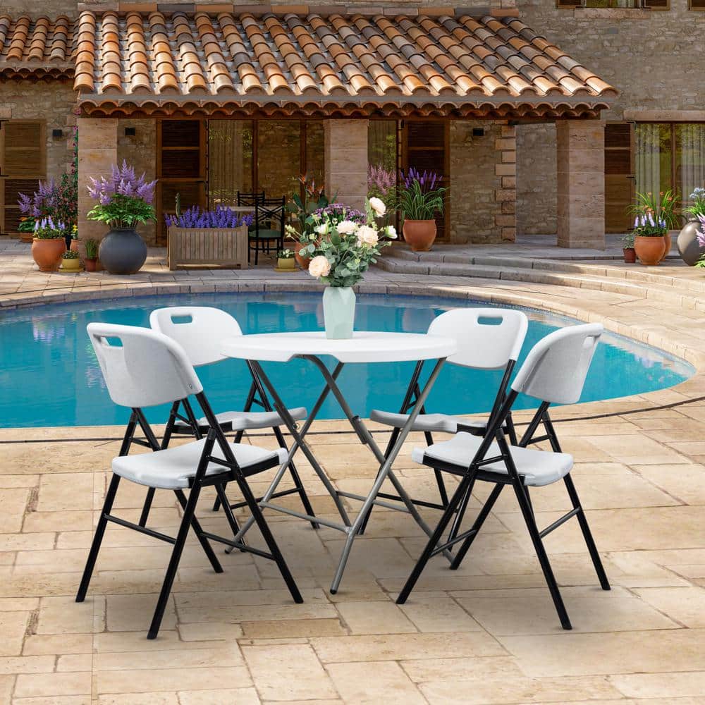 Set of 4 Off-White and Black Metal Folding Chairs