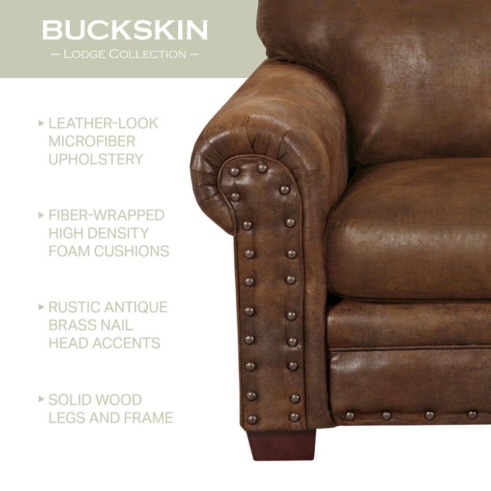 Buckskin Rustic Leather-Look Microfiber Ottoman with Antique Brass Accents