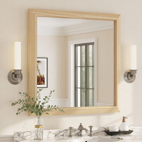 Apmir 36 in. W x 36 in. H Square Aluminum Alloy Framed and Tempered Glass Wall Bathroom Vanity Mirror in Light Yellow Wood