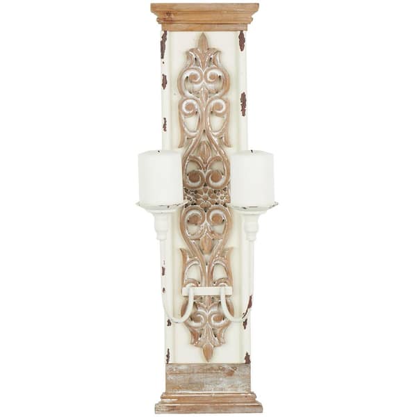 Litton Lane 29 in. Brown Wood Scroll Pillar 2 Plate Wall Sconce