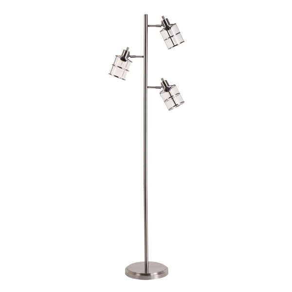 Cresswell 68 in. 3-Head Track Tree Brushed Nickel Floor Lamp with Ribbed Glass Shades