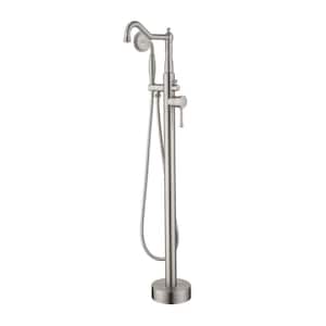 2-Handle Freestanding Tub Faucet with Hand Shower Single Hole Brass Floor Mounted Bathtub Fillers in Brushed Nickel