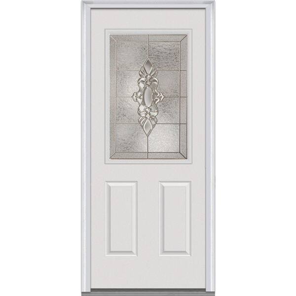 Milliken Millwork 34 in. x 80 in. Heirloom Master Decorative Glass 1/2 Lite 2 Panel Primed White Steel Prehung Front Door