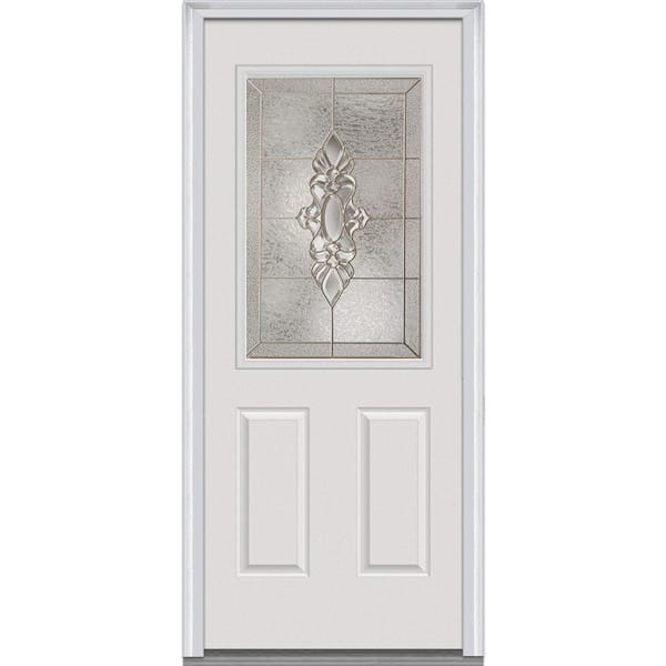 Milliken Millwork 36 in. x 80 in. Heirloom Master Decorative Glass 1/2 Lite 2-Panel Primed White Steel Prehung Front Door