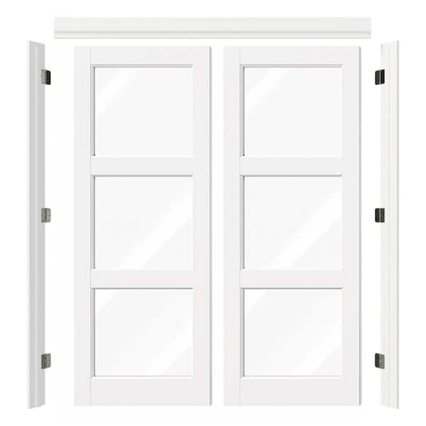 60 in. x 80 in. 3-Lite Clear Glass White Primed Pine Wood Universal Pre-hung French Door with Quick Assemble Jamb
