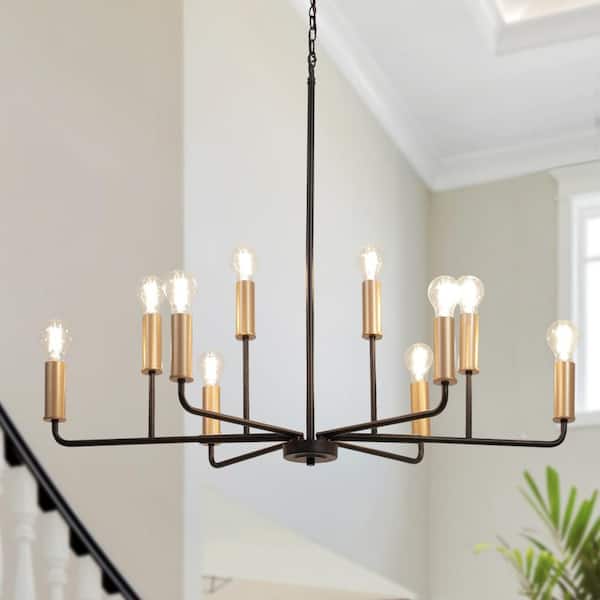 Zevni Modern Transitional 39.8 in. 10-Light Candlestick Black Chandelier, Large Dark Gold Chandelier Lighting for Living Room