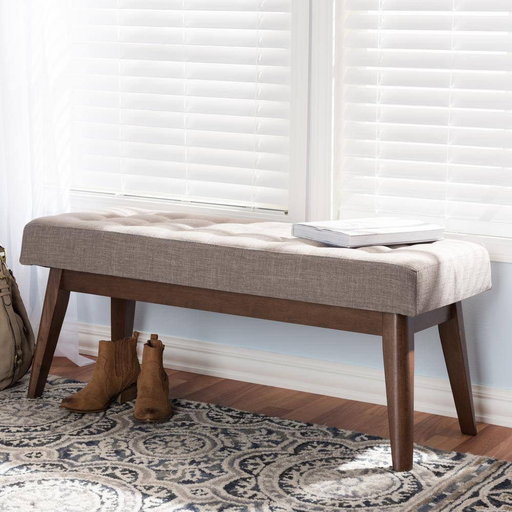 Elia Mid-Century Modern Light Grey Fabric Walnut Wood Bench