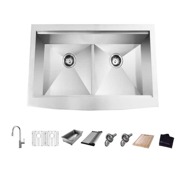 Glacier Bay Zero Radius 36 in. Apron-Front 50/50 Double Bowl 18 Gauge Stainless Steel Workstation Kitchen Sink with Pull-Down Faucet