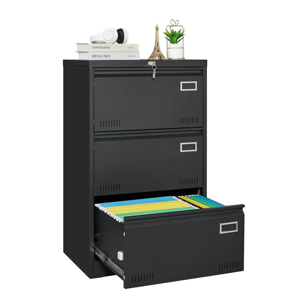 Black 3-Drawer Lockable Metal Lateral File Cabinet