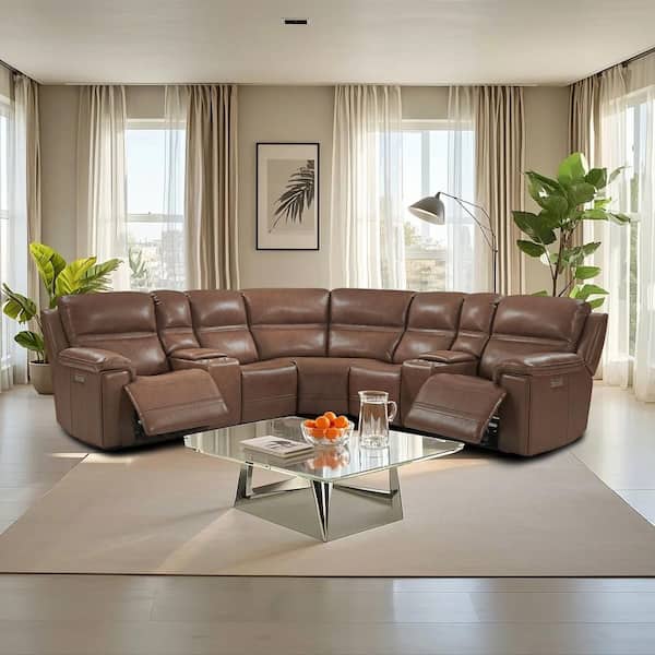 Van 121 in 5-Seaters Genuine Leather Dual Power Sectional Sofa with Two Consoles, USB Ports in LightBrown