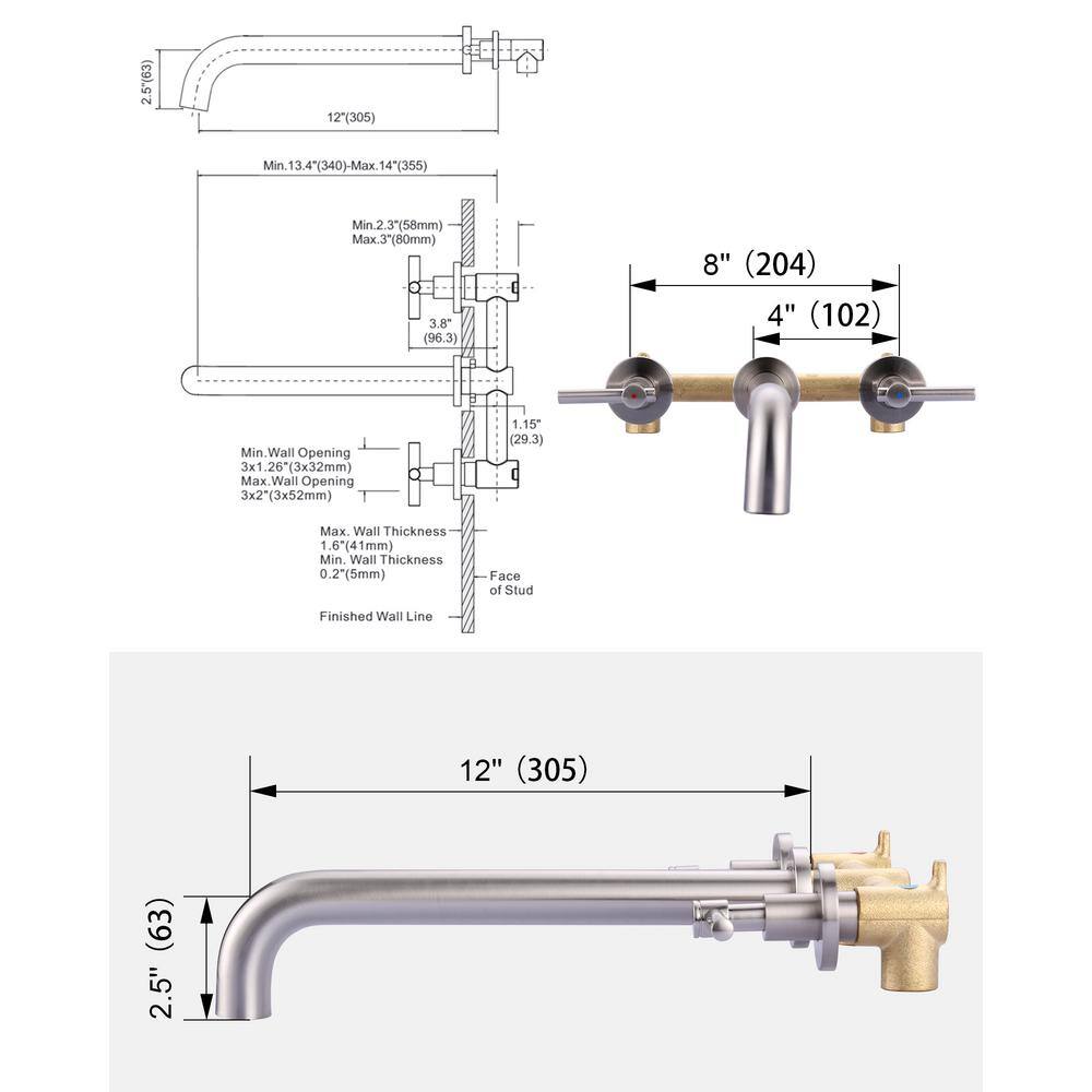 Brushed Nickel Wall Mount Tub Filler with Lever Handles