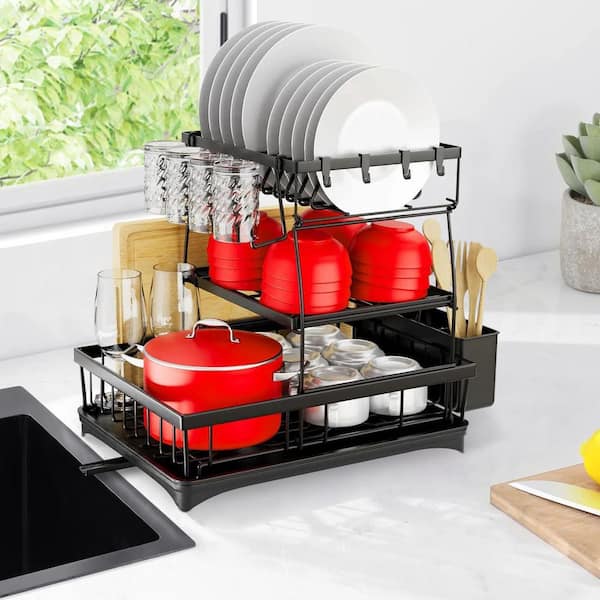 3-Tier Black Standing Dish Rack with Automatic Drainage for Kitchen Counter