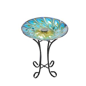 Solar Glass Peacock Feathers Bird Bath with Stand Garden Statue