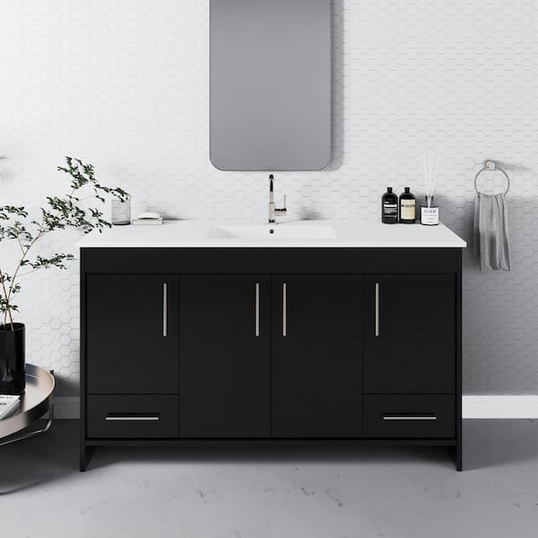 60 in. W x 18 in. D x 34 in. H Bath Vanity in Glossy Black with Integrated Ceramic Top and Brushed Nickel Handles