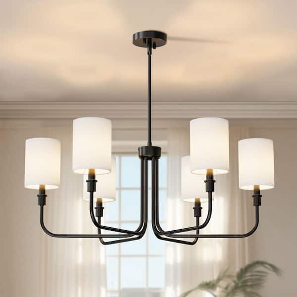 33.8 in. Modern Black Candle 6-Light Chandelier with Cylindrical Fabric Shades and E12 Base No Light Bulbs Included