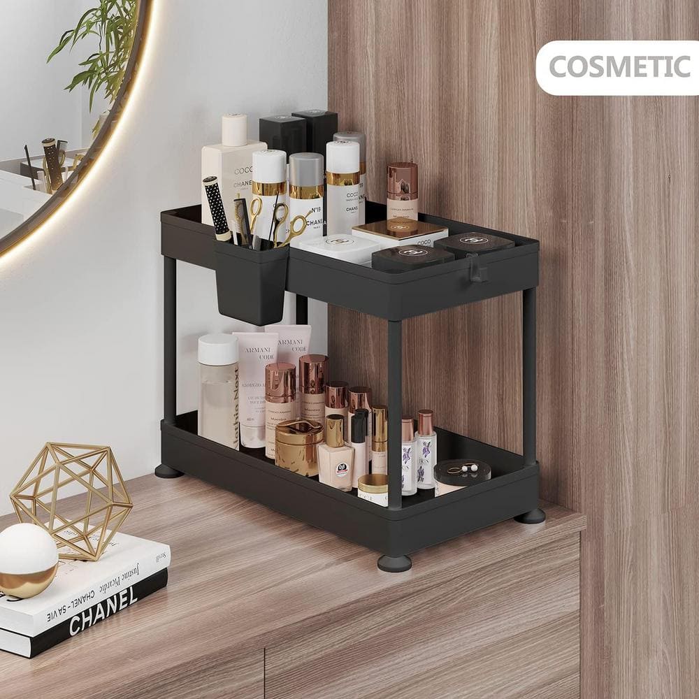 StorageBud Non-Slip Grip Kitchen Under Sink Organizer - Bathroom Cabinet Organizer with Side Caddy