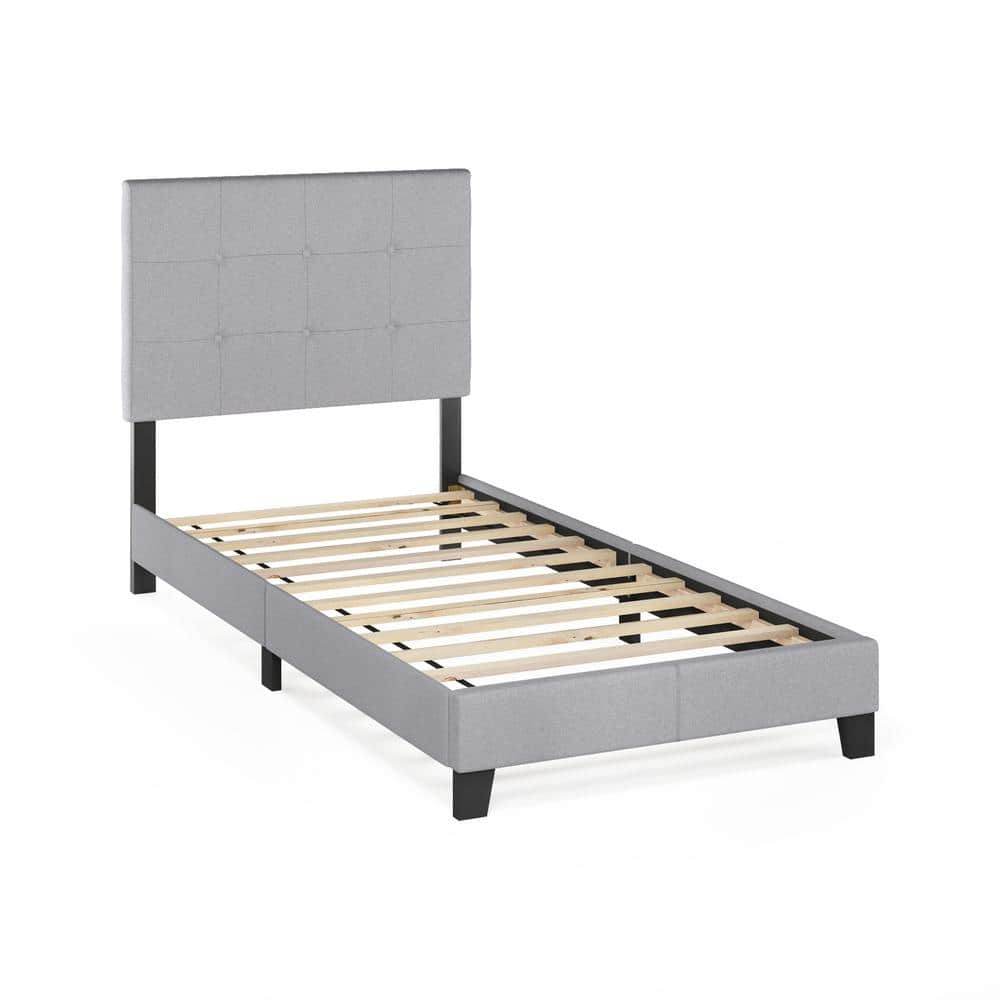 Twin XL Gray Linen Upholstered Platform Bed with Tufted Headboard