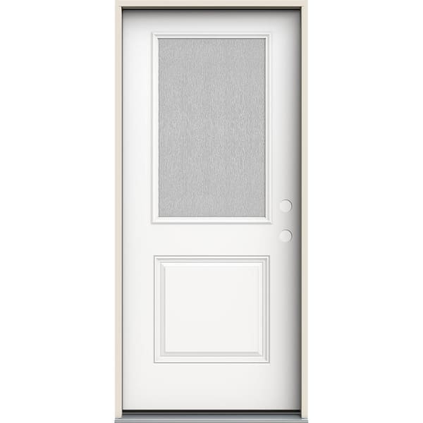 JELD-WEN 36 in. x 80 in. Left-Hand/Inswing 1/2 Lite Streamed Ripple Glass Modern White Steel Prehung Front Door