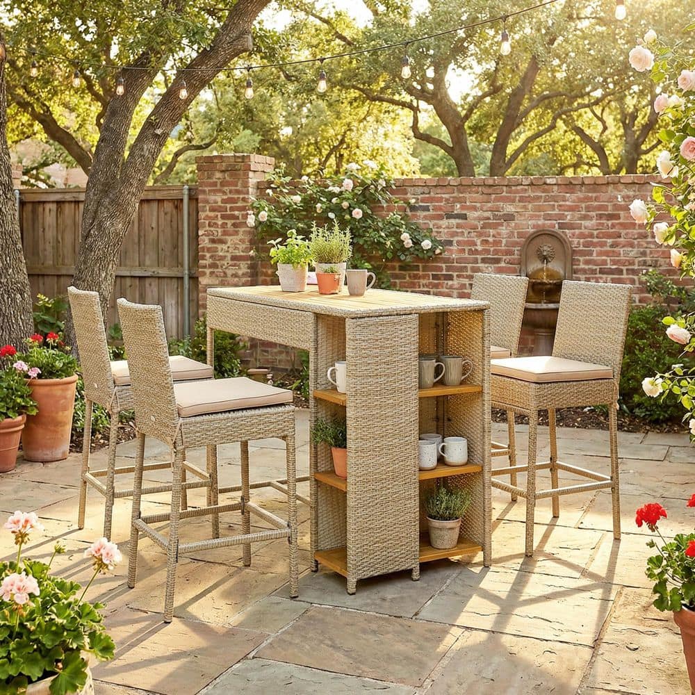 5-Piece Wicker Bar Height Outdoor Bistro Set with Acacia Wood Table and Cushions price history on PriceWatchPro