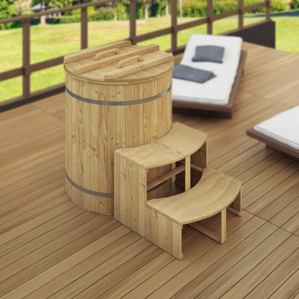 66 Gal. Cold Plunge 1-Person 0-Jet Round Bamboo Tub with Steps and Cover