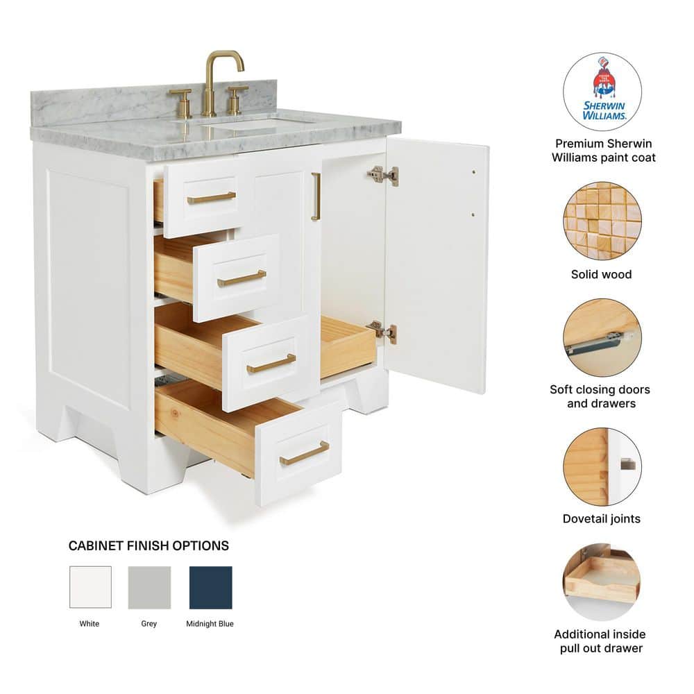 Taylor White Single Bathroom Vanity with Carrara Marble Top